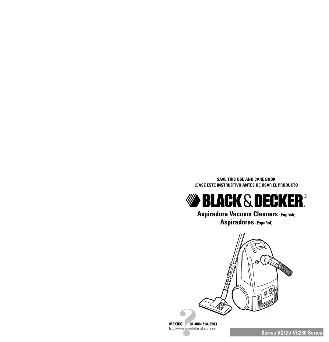 Black & Decker VC120-VC230 Series manual Aspiradora Vacuum Cleaners English Aspiradoras Español 