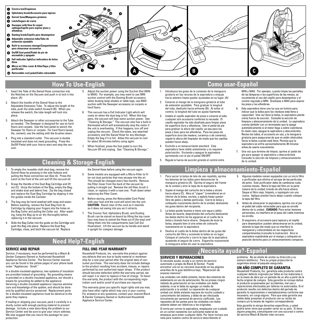 Black & Decker VC120-VC230 Series manual Conecte el mango de la manguera giratoria al tubo 