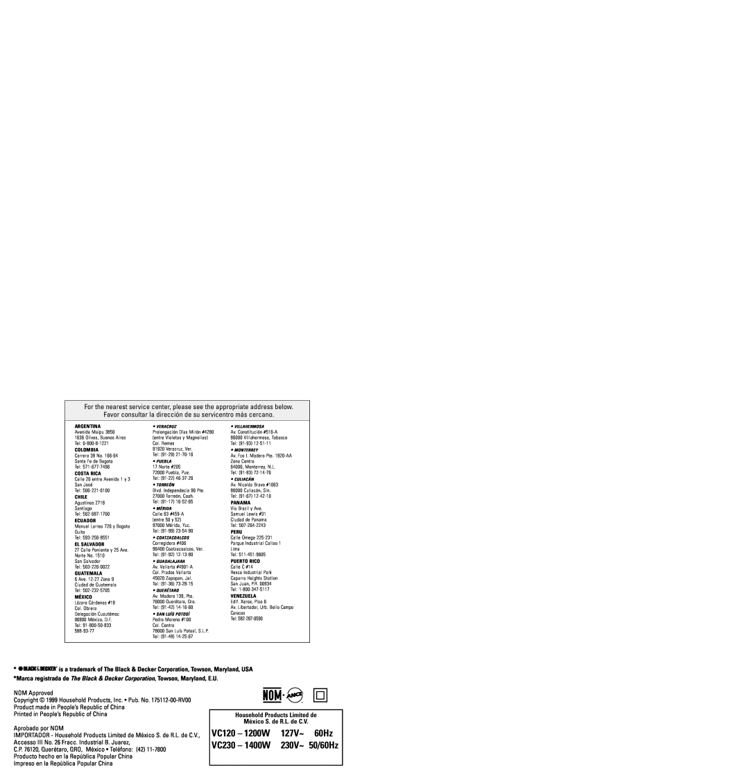 Black & Decker VC120-VC230 Series manual 50/60Hz, 1200W, 127V~, 1400W, 230V~ 