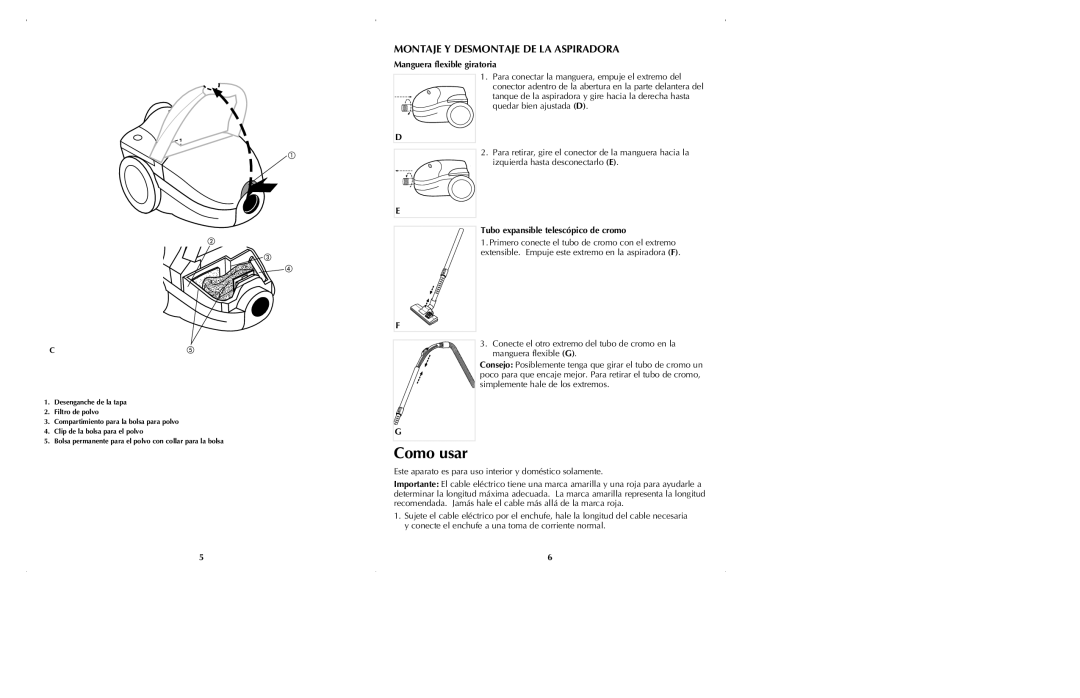 Black & Decker VC2600 manual Montaje Y Desmontaje DE LA Aspiradora, Manguera flexible giratoria 