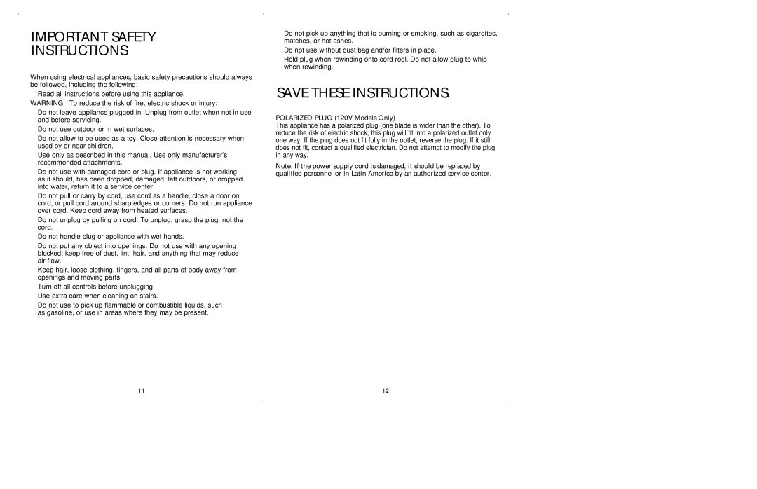 Black & Decker VC2600 manual Important Safety Instructions 