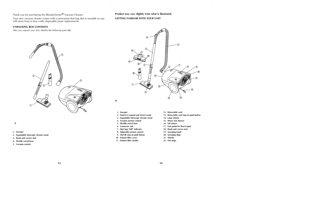 Black & Decker VC2600 manual Unpacking BOX Contents, Getting Familiar with Your Unit 