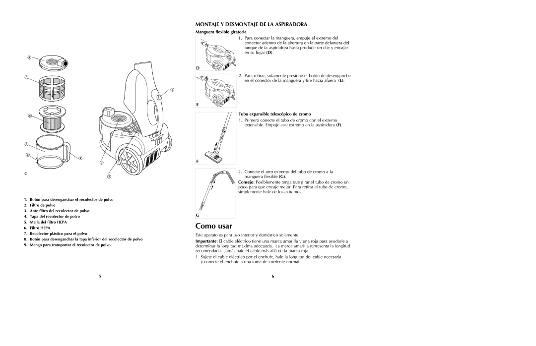 Black & Decker VC3200 manual Montaje Y Desmontaje DE LA Aspiradora, Manguera flexible giratoria 