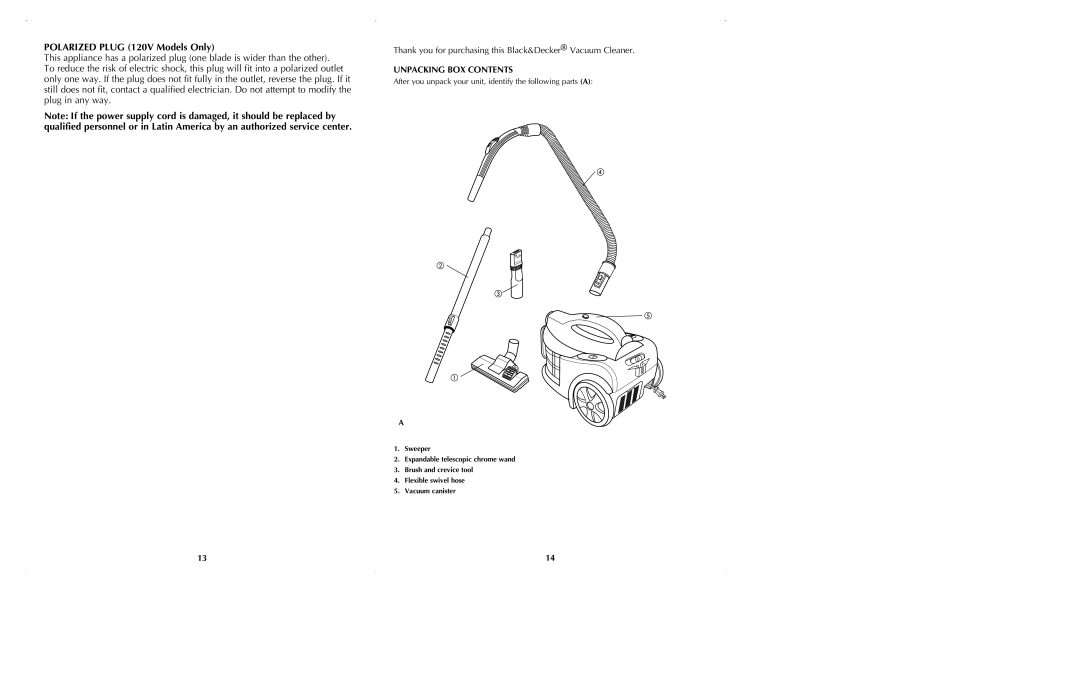 Black & Decker VC3200 manual Polarized Plug 120V Models Only, Unpacking BOX Contents 