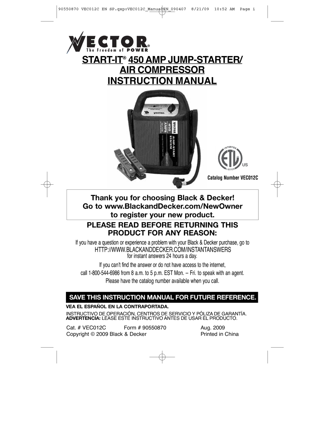 Black & Decker 90550870 instruction manual START-IT450 AMP JUMP-STARTER AIR Compressor, VEA EL Español EN LA Contraportada 