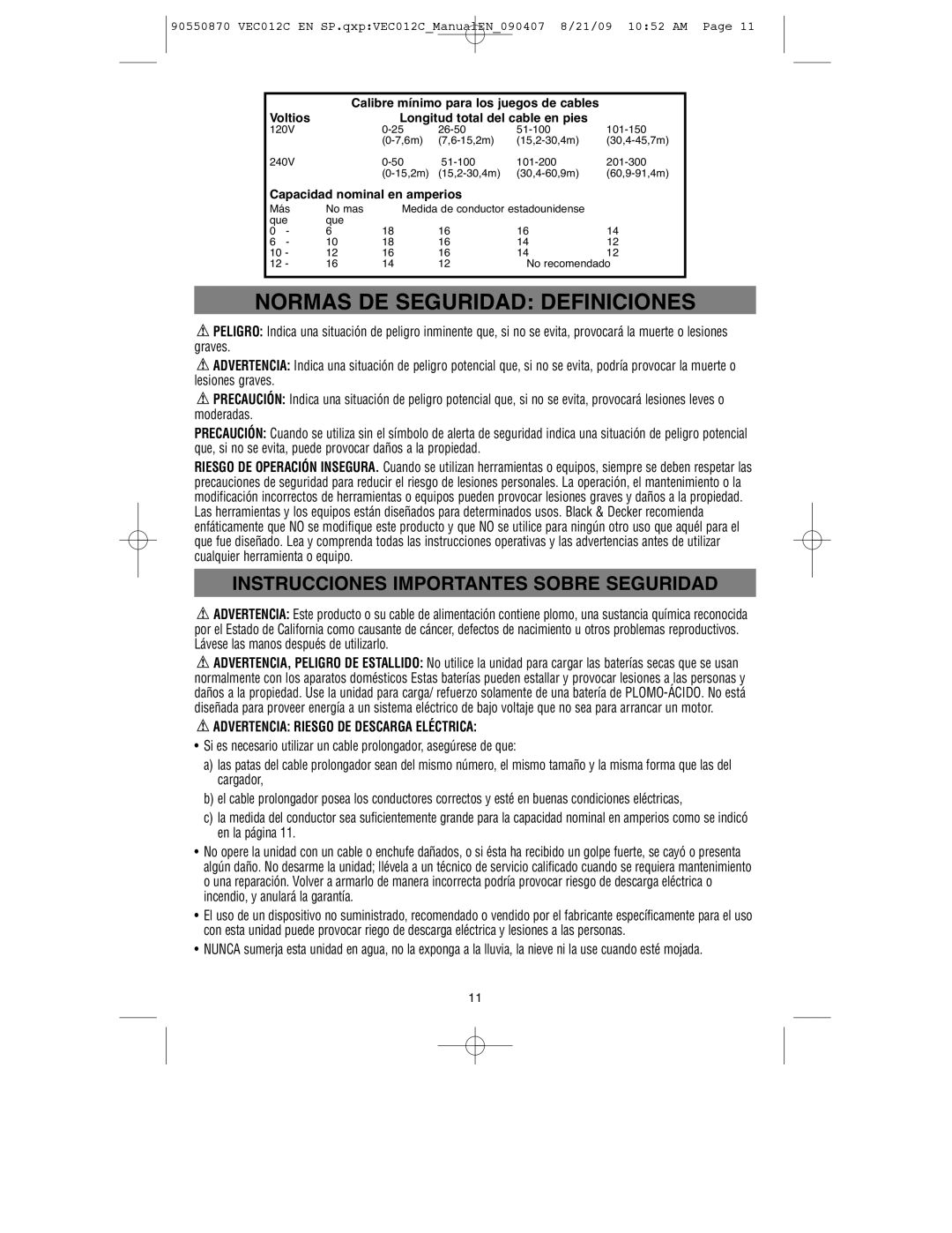 Black & Decker VEC012C, 90550870 Advertencia Riesgo DE Descarga Eléctrica, Voltios Longitud total del cable en pies 