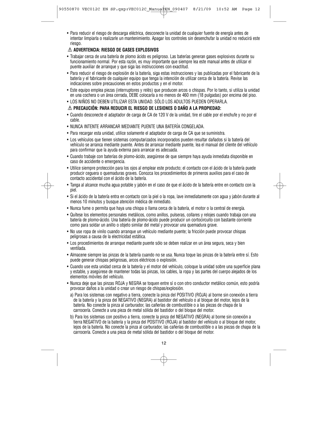 Black & Decker 90550870, VEC012C instruction manual Advertencia Riesgo DE Gases Explosivos 