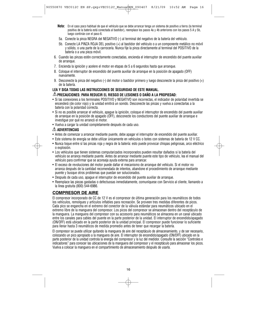 Black & Decker 90550870, VEC012C instruction manual Compresor DE Aire, Advertencias 