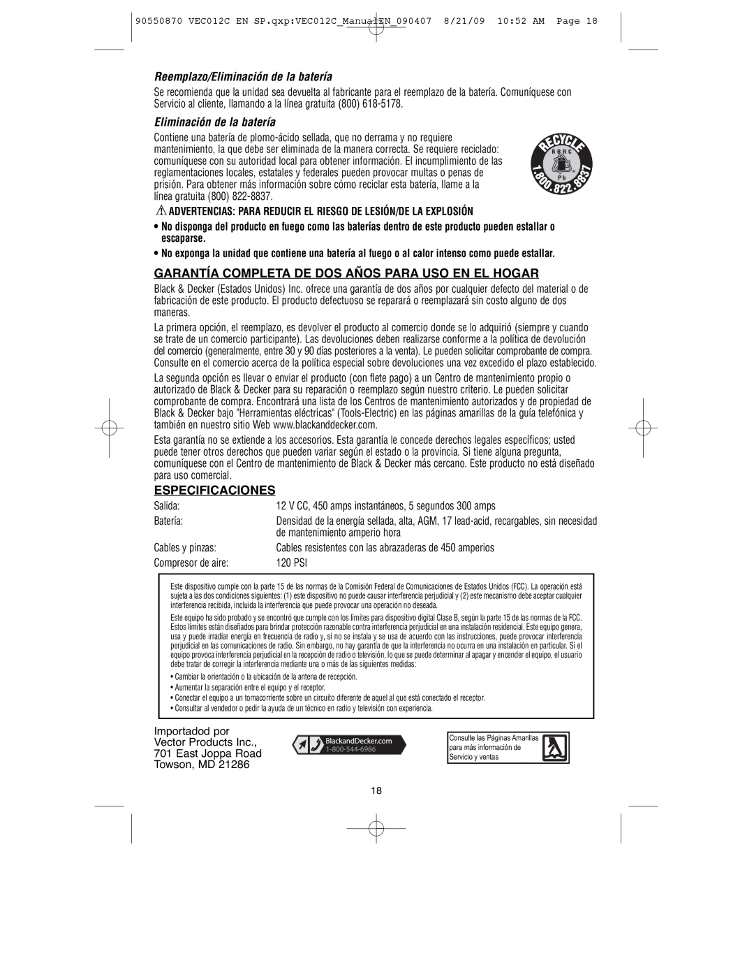 Black & Decker 90550870, VEC012C Reemplazo/Eliminación de la batería, Garantía Completa DE DOS Años Para USO EN EL Hogar 