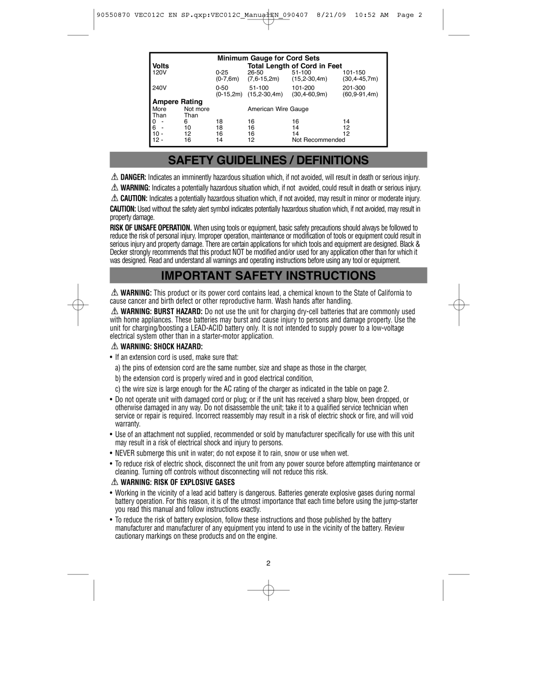 Black & Decker 90550870, VEC012C instruction manual Safety Guidelines / Definitions 