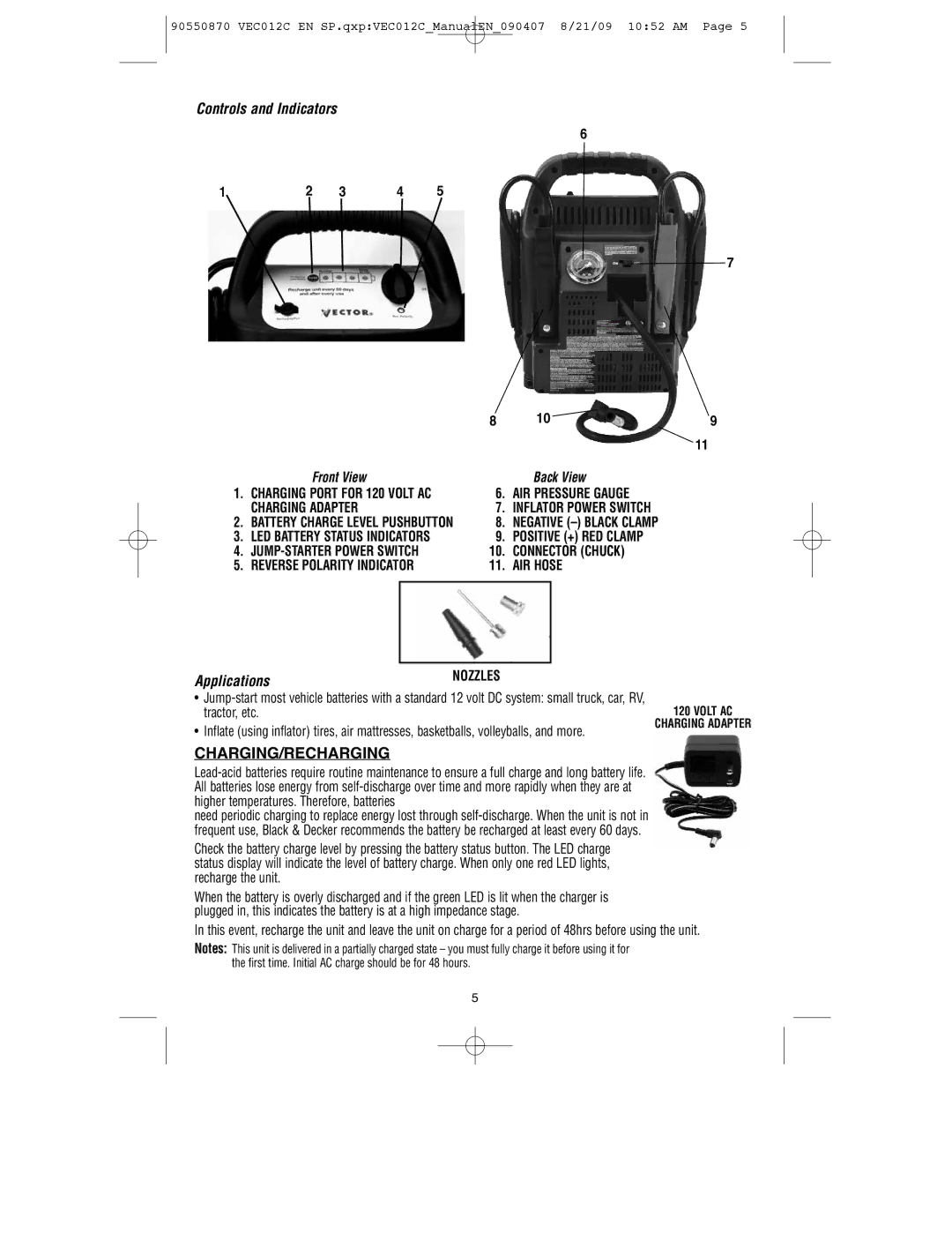 Black & Decker VEC012C Controls and Indicators, Applications, Charging/Recharging, AIR Pressure Gauge Charging Adapter 