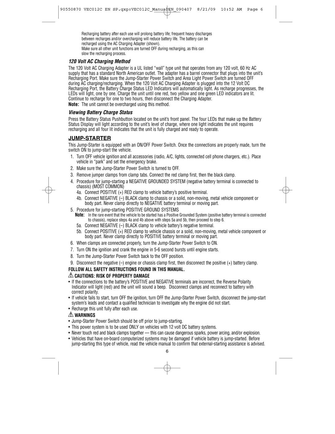 Black & Decker 90550870, VEC012C instruction manual Volt AC Charging Method, Viewing Battery Charge Status, Jump-Starter 