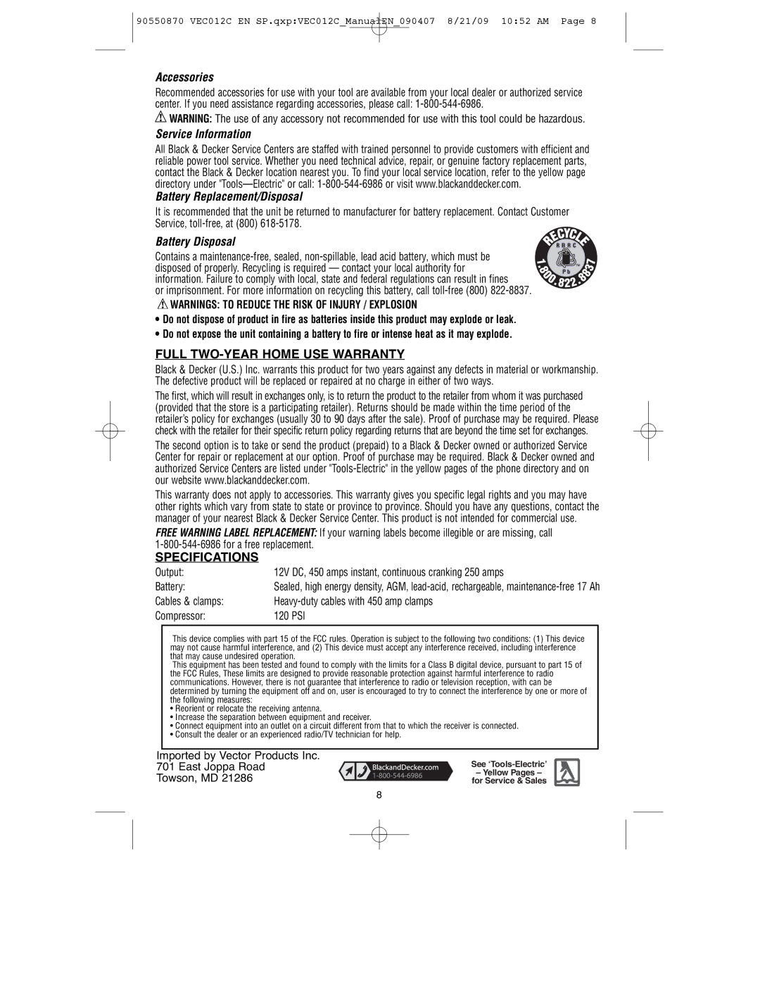 Black & Decker 90550870 Accessories, Service Information Battery Replacement/Disposal, Battery Disposal, Specifications 