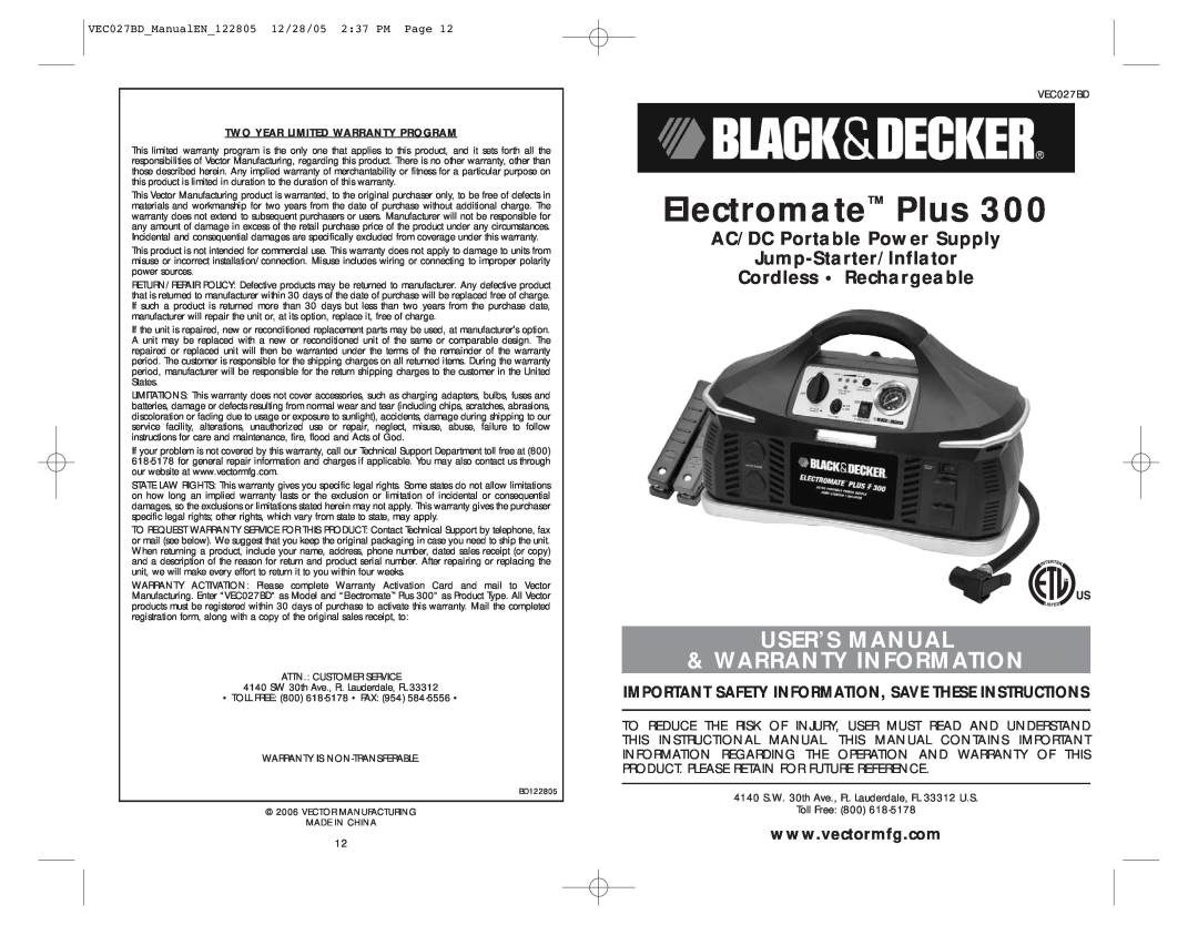Black & Decker VEC027BD user manual AC/DC Portable Power Supply Jump-Starter/Inflator, Cordless Rechargeable 