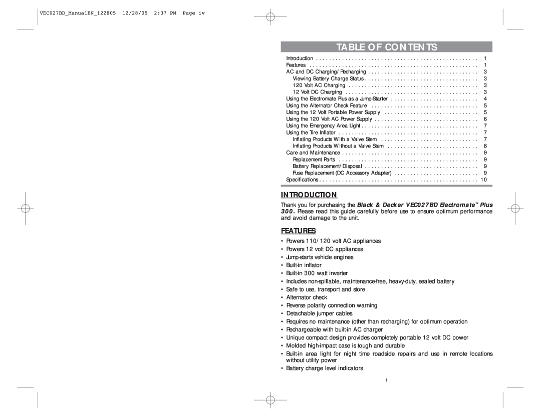 Black & Decker VEC027BD user manual Introduction, Features, Table Of Contents 