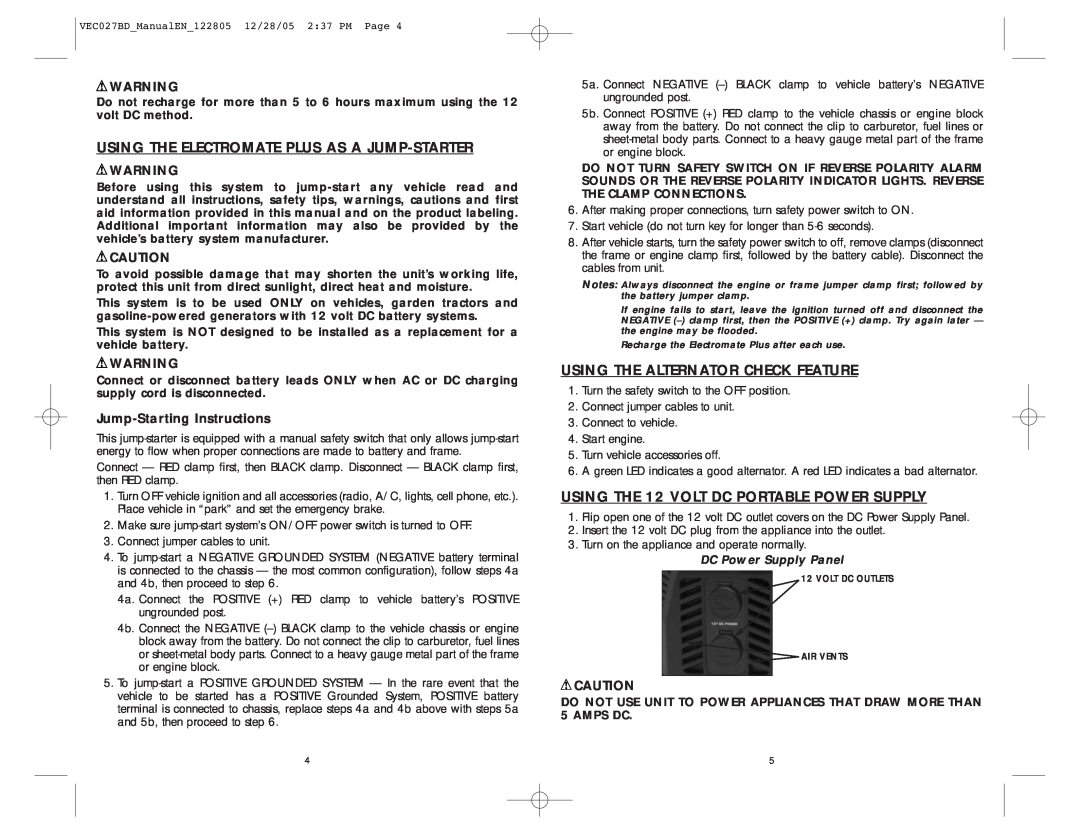 Black & Decker VEC027BD user manual Using The Electromate Plus As A Jump-Starter, Using The Alternator Check Feature 