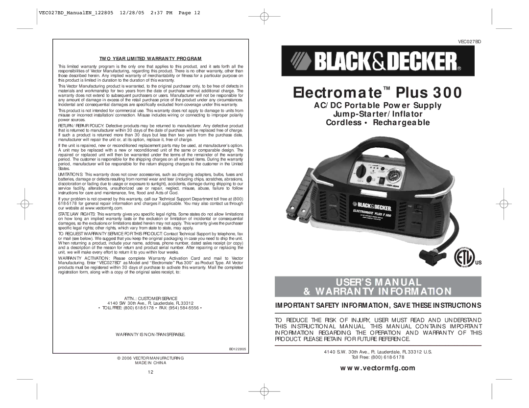 Black & Decker VEC027BD user manual Electromate Plus 