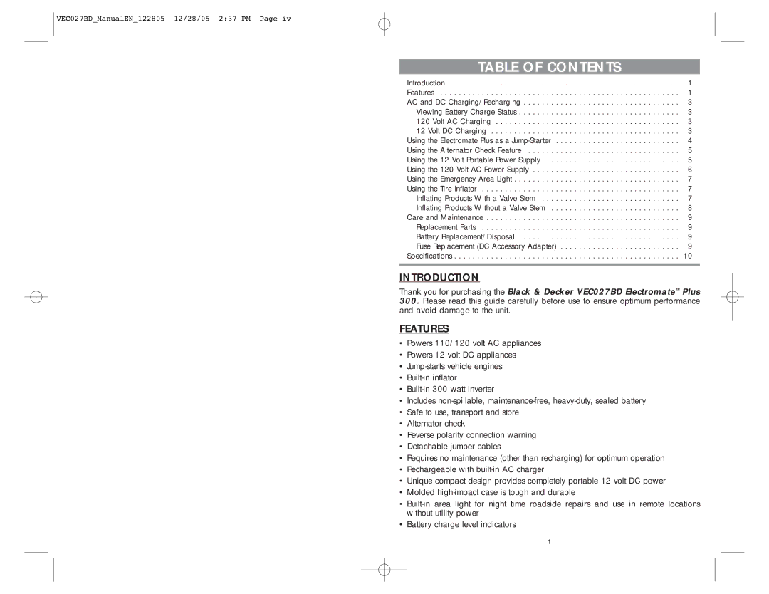 Black & Decker VEC027BD user manual Table of Contents 