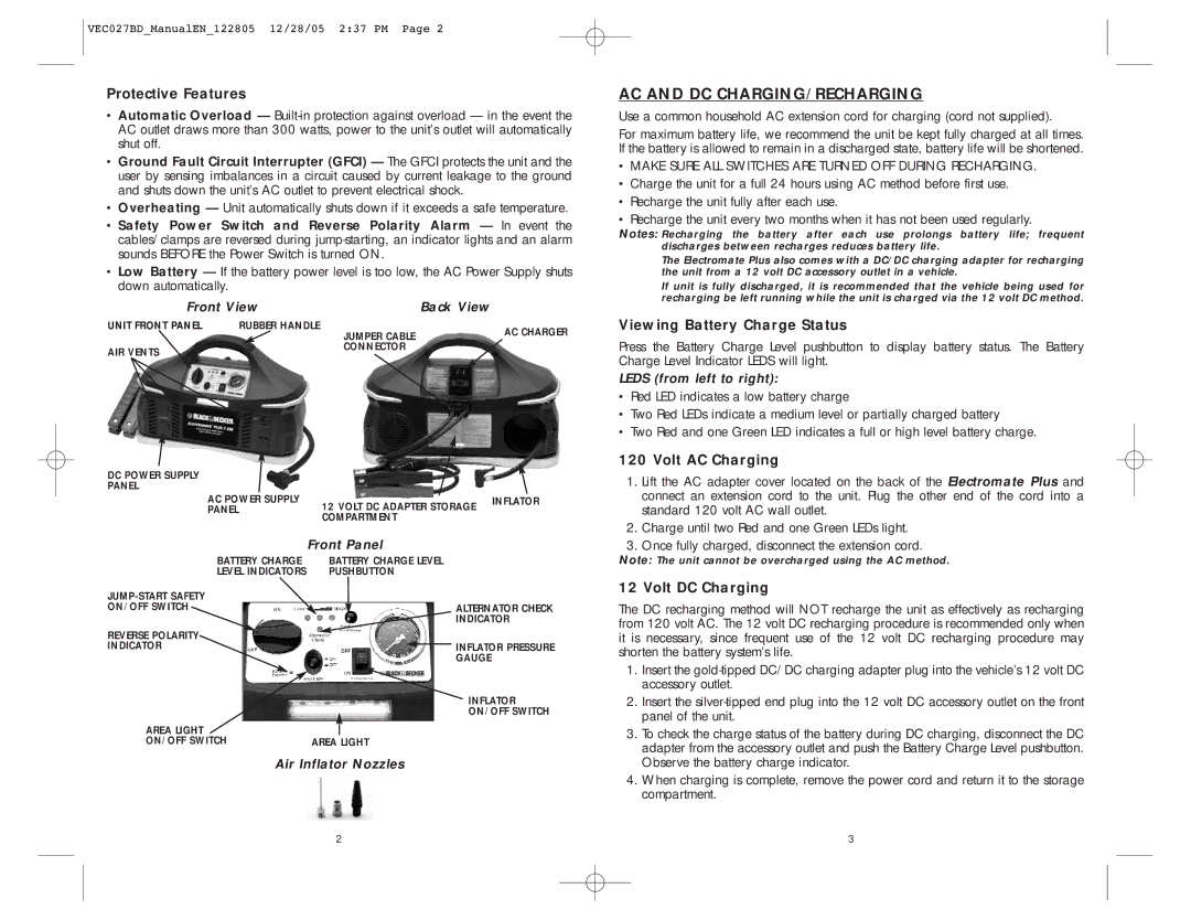 Black & Decker VEC027BD user manual AC and DC CHARGING/RECHARGING, Protective Features, Viewing Battery Charge Status 