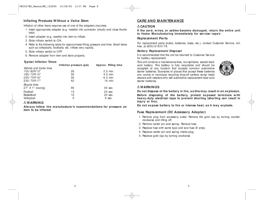 Black & Decker VEC027BD user manual Care and Maintenance, Inflating Products Without a Valve Stem, Replacement Parts 