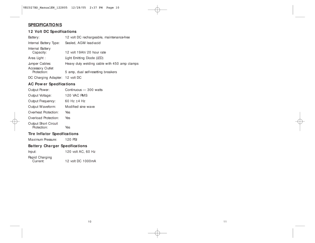 Black & Decker VEC027BD user manual Volt DC Specifications, AC Power Specifications, Tire Inflator Specifications 