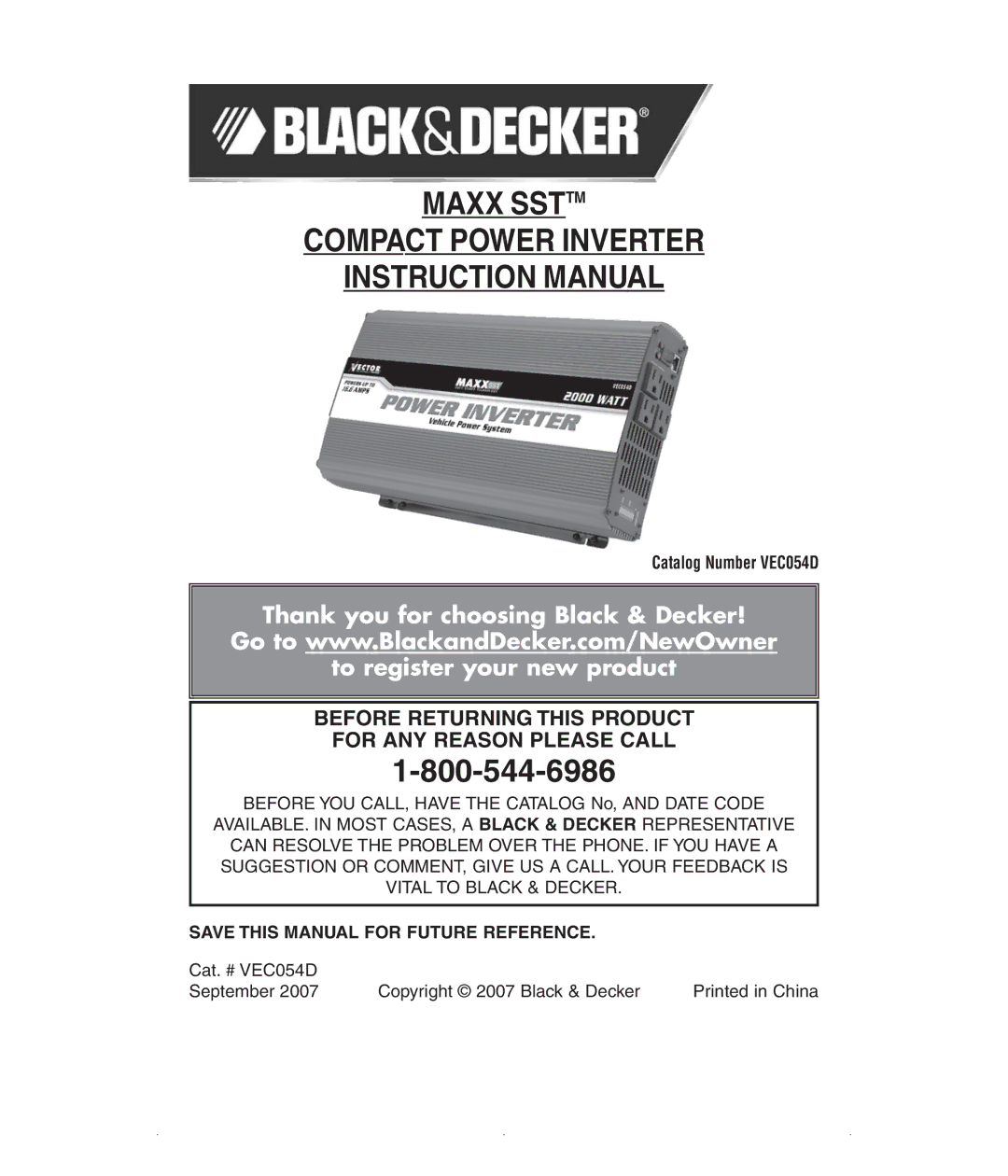 Black & Decker VEC054D instruction manual Maxx Ssttm Compact Power Inverter, Save this Manual for Future Reference 