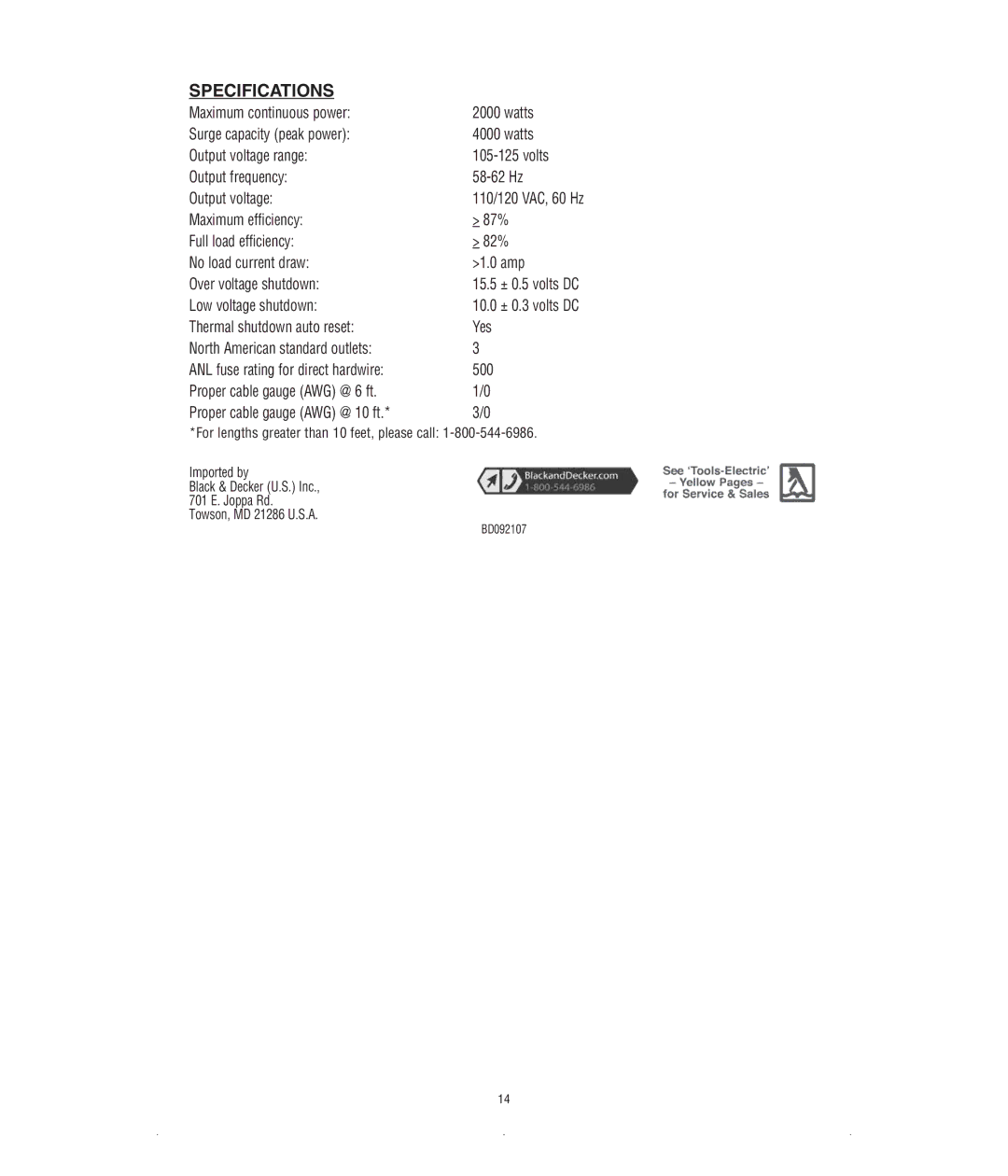 Black & Decker VEC054D instruction manual Specifications, Low voltage shutdown, 500, Proper cable gauge AWG @ 6 ft 