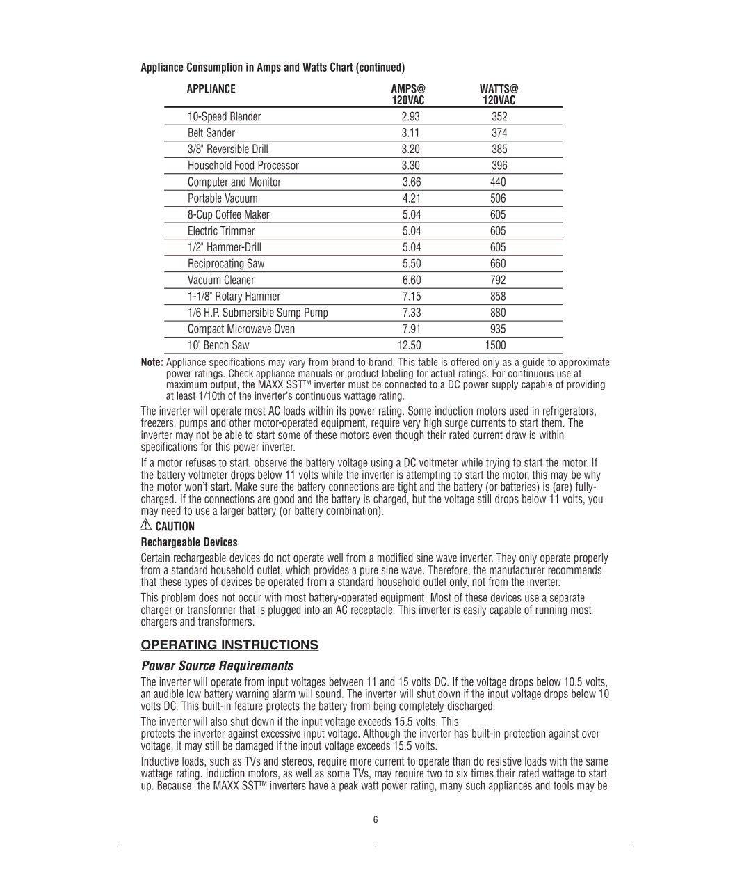 Black & Decker VEC054D Operating Instructions, Power Source Requirements, Appliance Consumption in Amps and Watts Chart 