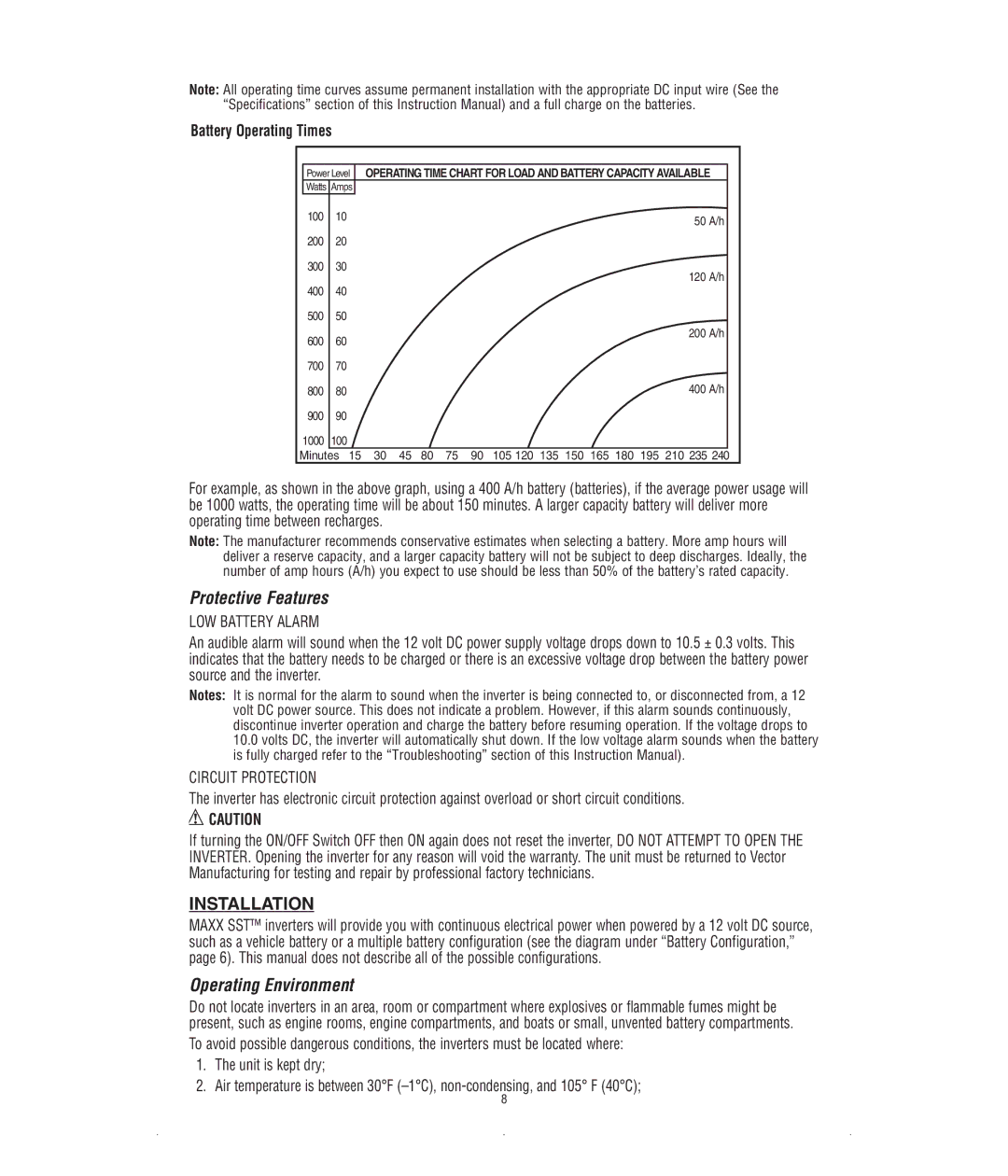 Black & Decker VEC054D instruction manual Protective Features, Installation, Operating Environment, Battery Operating Times 