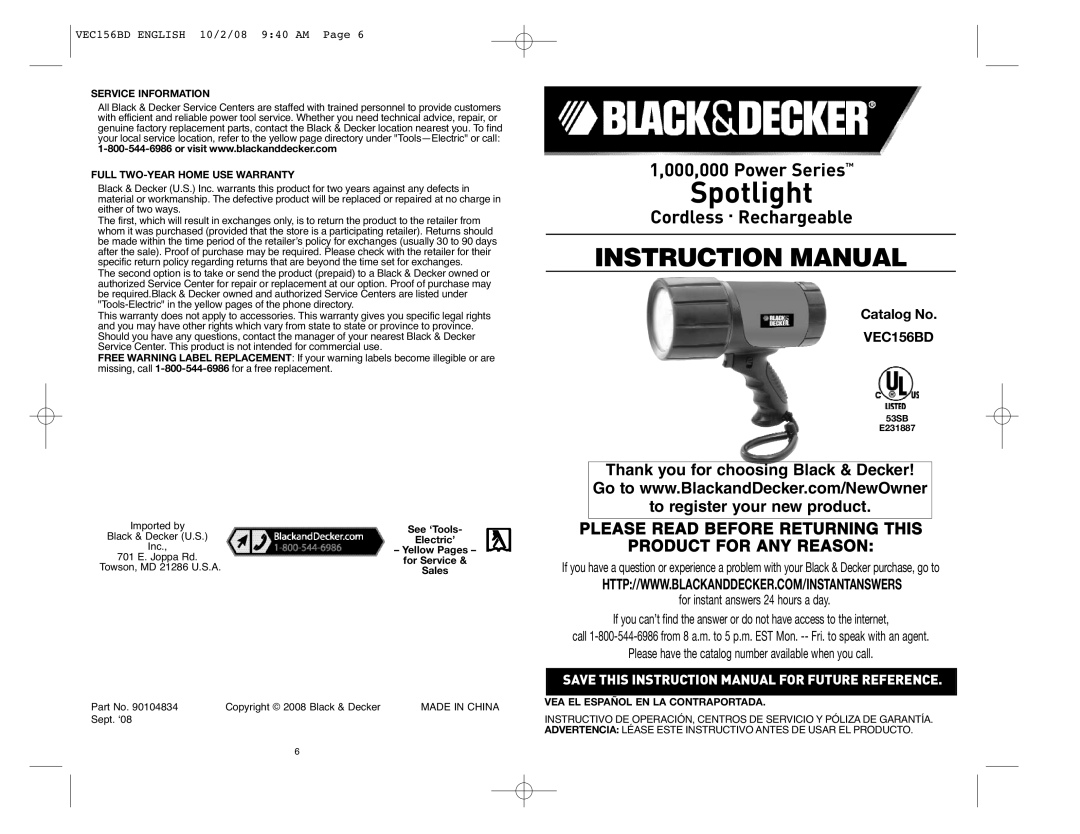 Black & Decker VEC156BD instruction manual Catalog No, Service Information, Full TWO-YEAR Home USE Warranty 