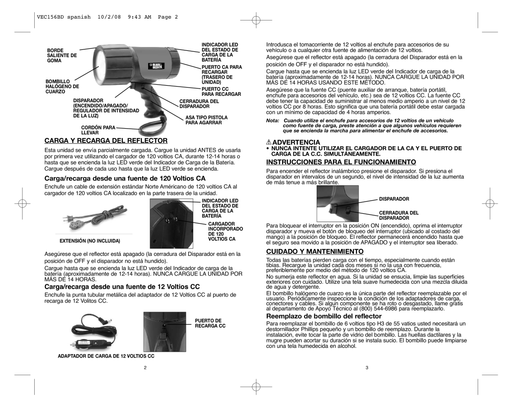 Black & Decker VEC156BD instruction manual Carga Y Recarga DEL Reflector, Advertencia, Instrucciones Para EL Funcionamiento 