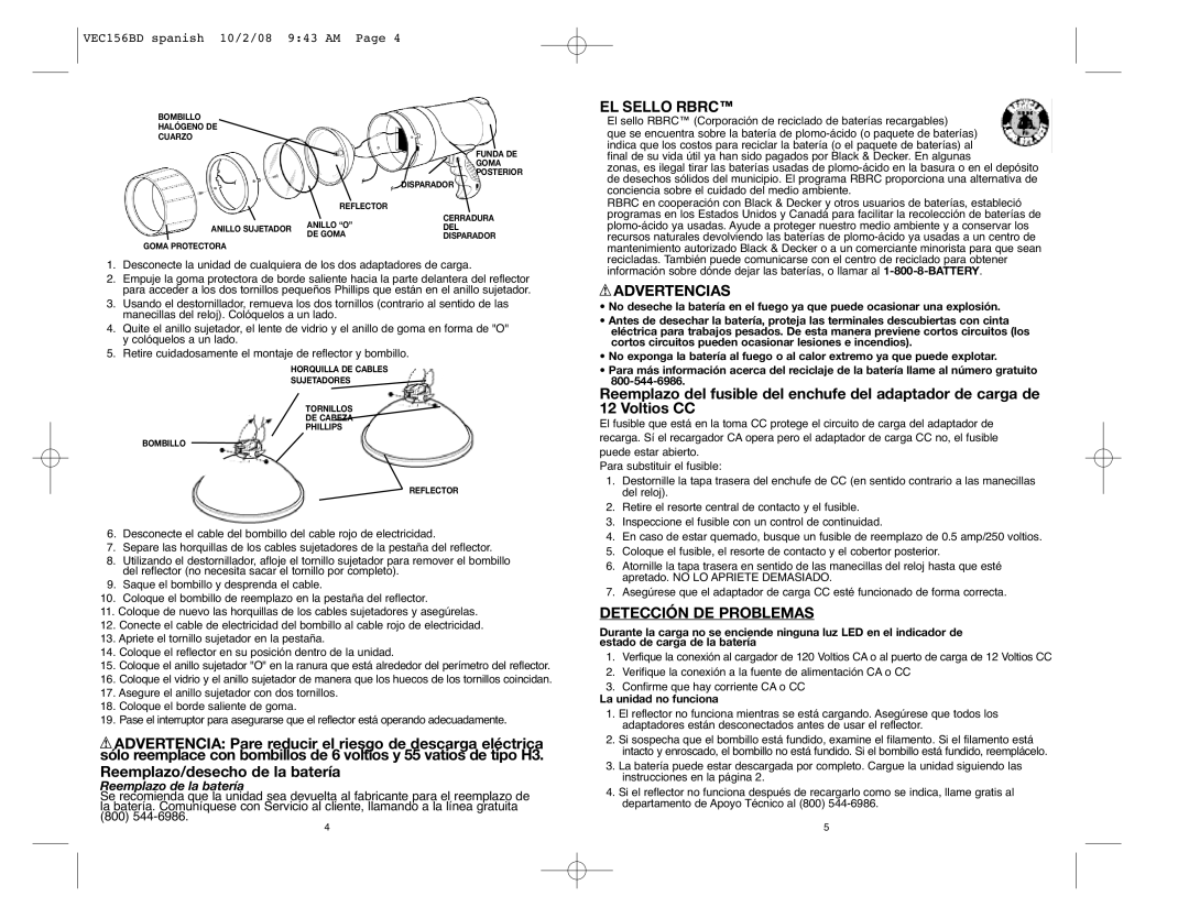 Black & Decker VEC156BD Reemplazo/desecho de la batería, EL Sello Rbrc, Advertencias, Detección DE Problemas 