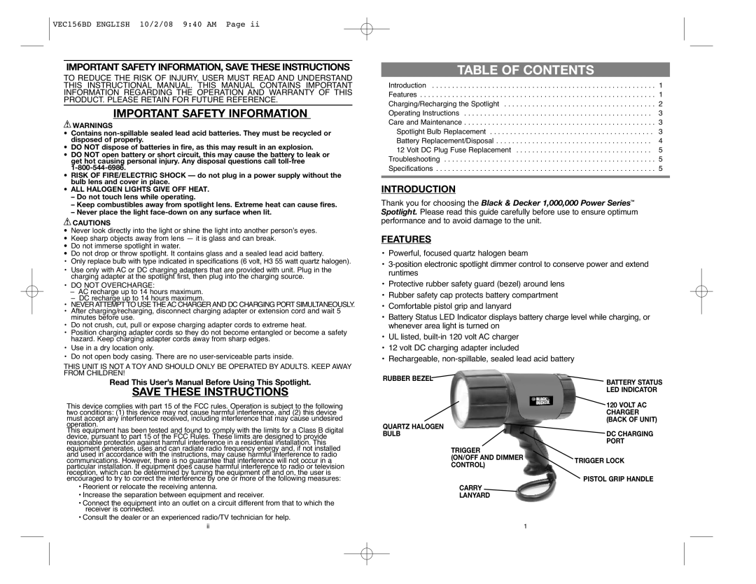 Black & Decker VEC156BD instruction manual Table of Contents 