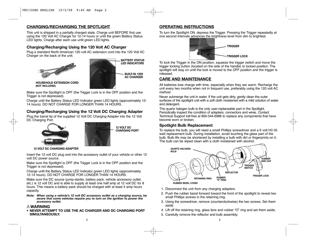 Black & Decker VEC156BD instruction manual CHARGING/RECHARGING the Spotlight, Operating Instructions, Care and Maintenance 