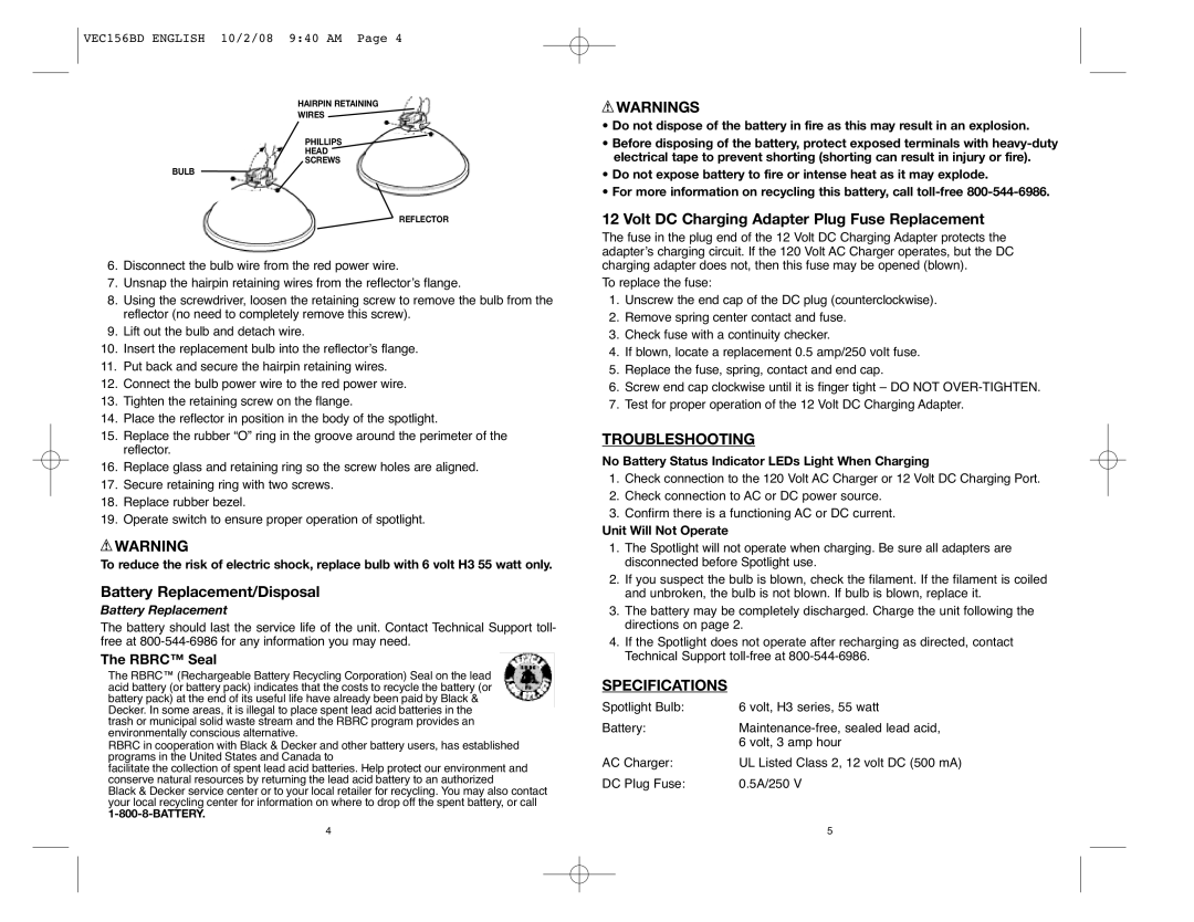 Black & Decker VEC156BD Battery Replacement/Disposal, Volt DC Charging Adapter Plug Fuse Replacement, Troubleshooting 