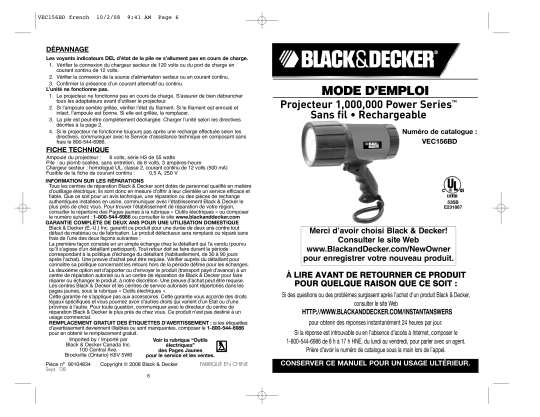 Black & Decker VEC156BD instruction manual Dépannage, Fiche Technique, Numéro de catalogue, Information SUR LES Réparations 