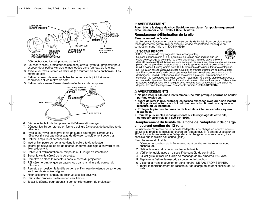 Black & Decker VEC156BD instruction manual Remplacement/Élimination de la pile, Avertissements, Remplacement de la pile 