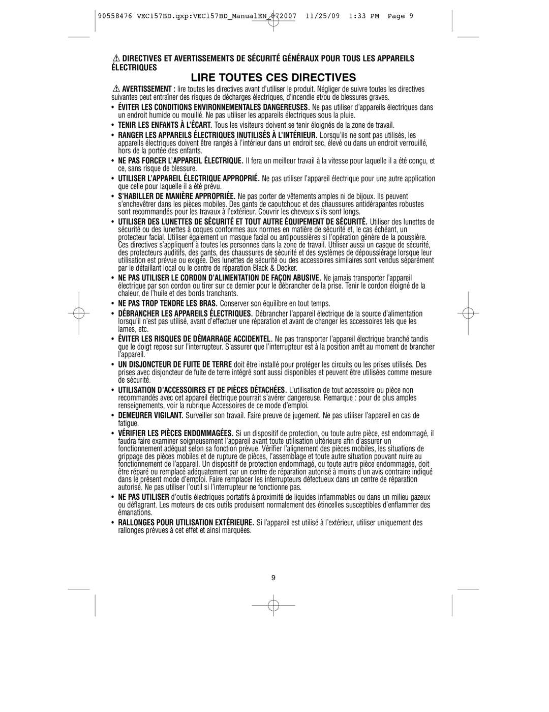 Black & Decker VEC157BD instruction manual Lire Toutes CES Directives 