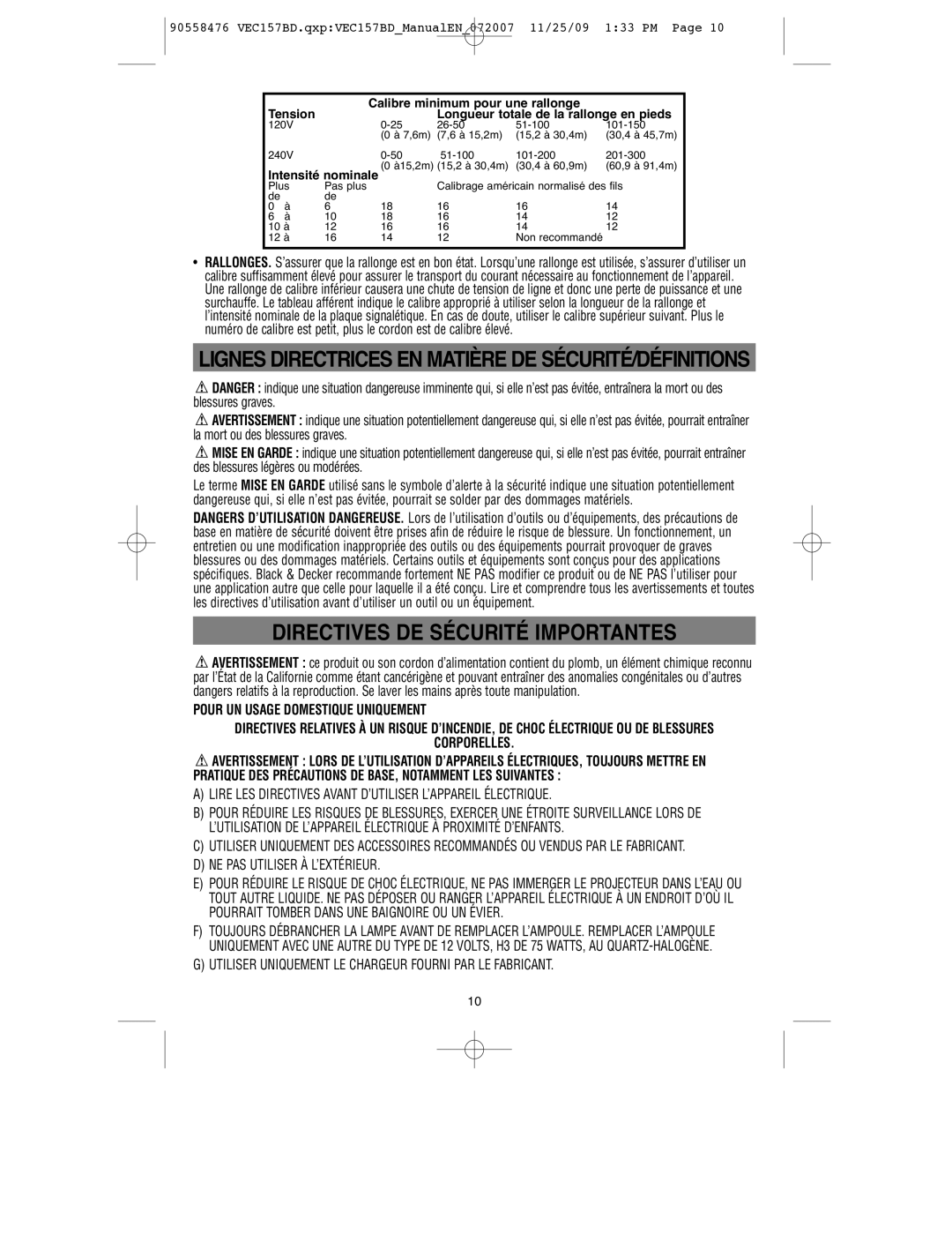 Black & Decker VEC157BD instruction manual Lignes Directrices EN Matière DE SÉCURITÉ/DÉFINITIONS 