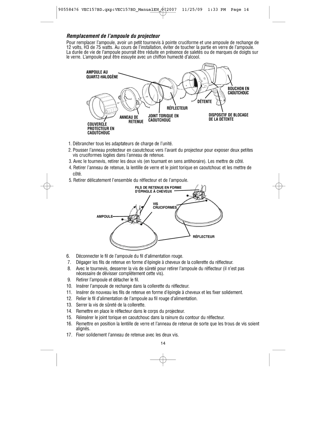 Black & Decker VEC157BD instruction manual Remplacement de l’ampoule du projecteur 