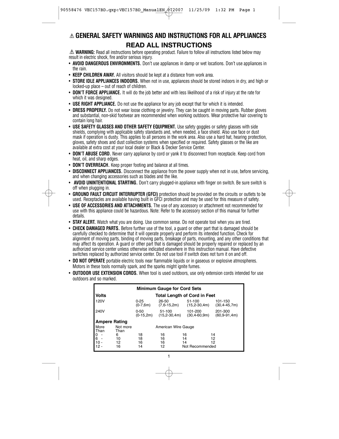 Black & Decker VEC157BD instruction manual Minimum Gauge for Cord Sets Volts 