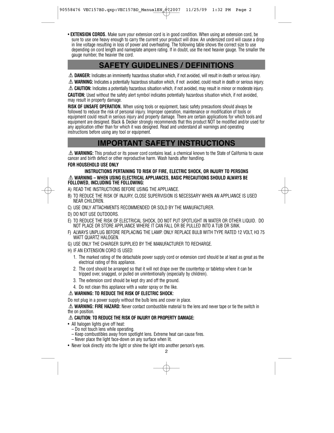 Black & Decker VEC157BD instruction manual Safety Guidelines / Definitions 