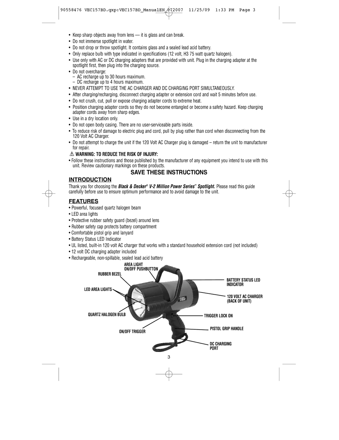 Black & Decker VEC157BD instruction manual Introduction, Features 