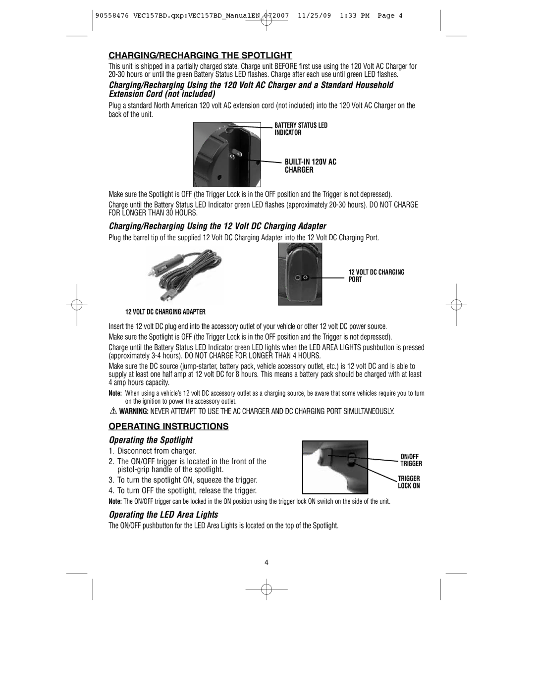 Black & Decker VEC157BD CHARGING/RECHARGING the Spotlight, Charging/Recharging Using the 12 Volt DC Charging Adapter 