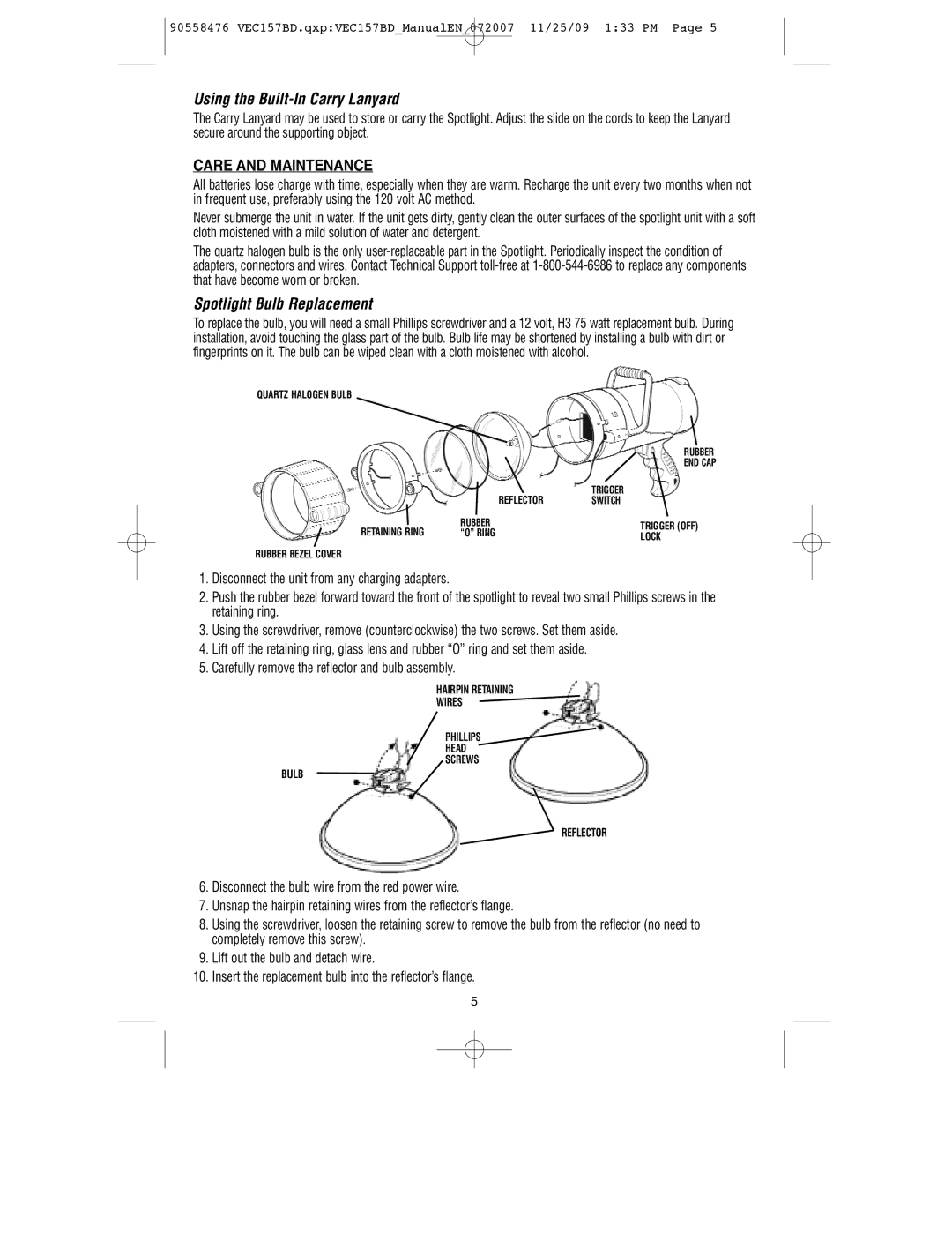 Black & Decker VEC157BD Using the Built-In Carry Lanyard, Care and Maintenance, Spotlight Bulb Replacement 