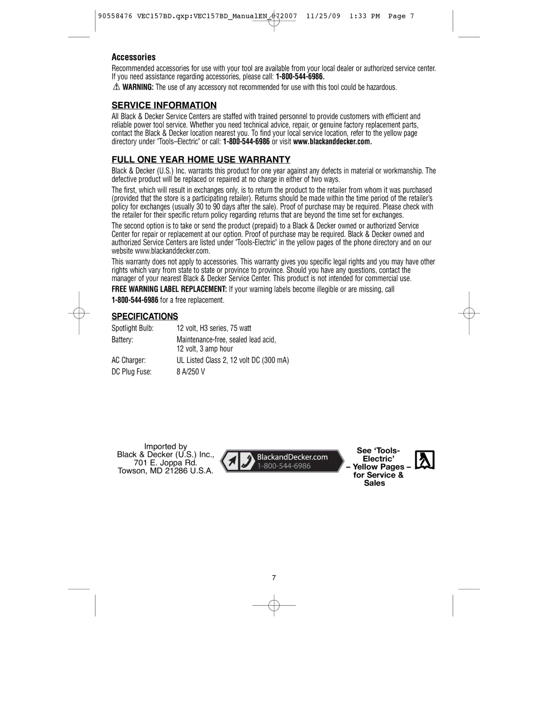 Black & Decker VEC157BD instruction manual Service Information Full ONE Year Home USE Warranty, Specifications 