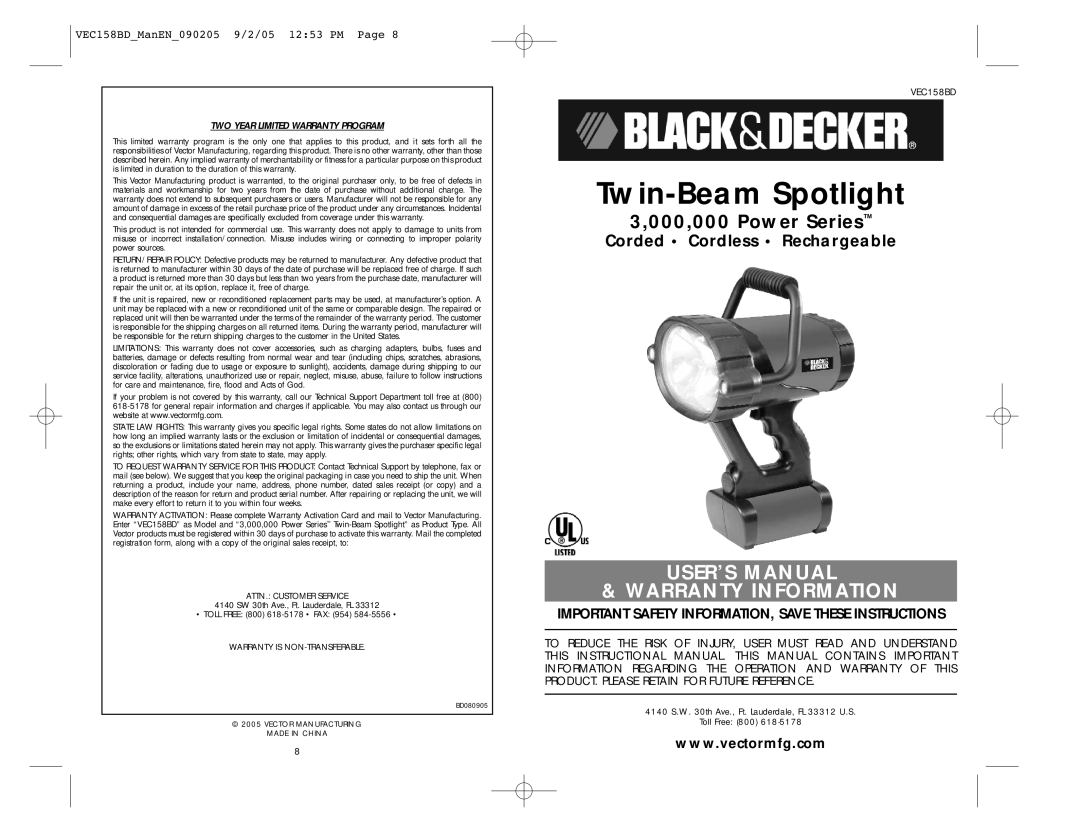 Black & Decker VEC158BD user manual Twin-Beam Spotlight 