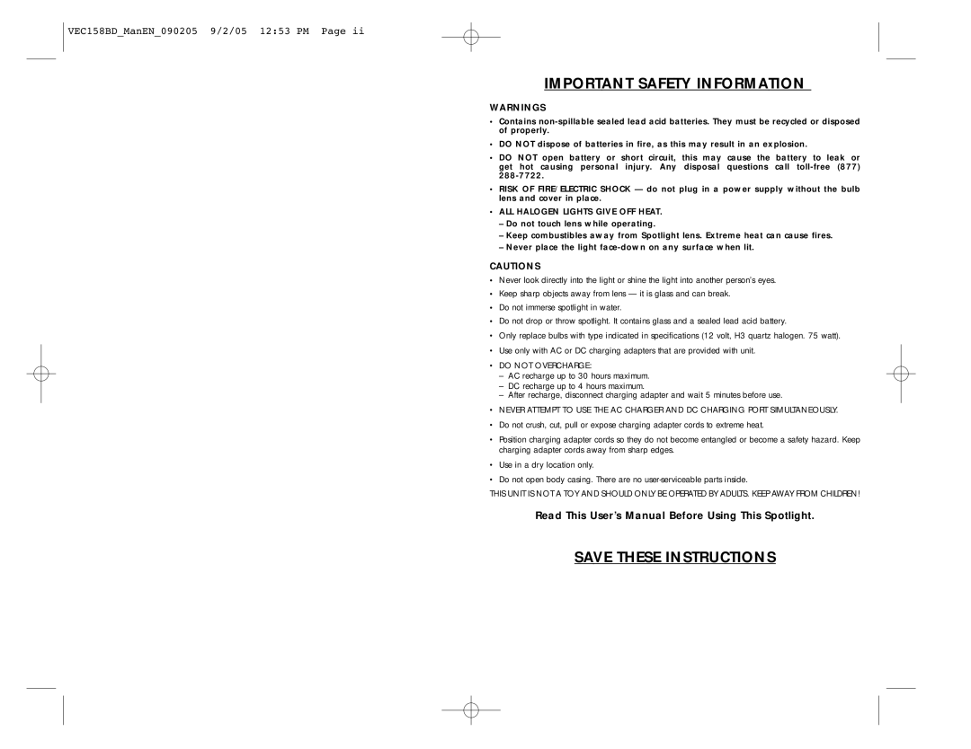 Black & Decker VEC158BD user manual Important Safety Information 