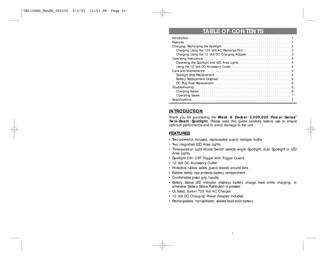 Black & Decker VEC158BD user manual Table of Contents 