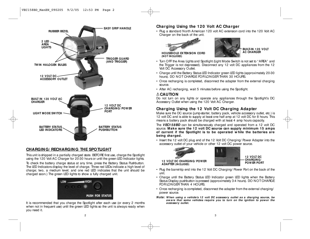 Black & Decker VEC158BD user manual Charging Using the 120 Volt AC Charger, Charging Using the 12 Volt DC Charging Adapter 